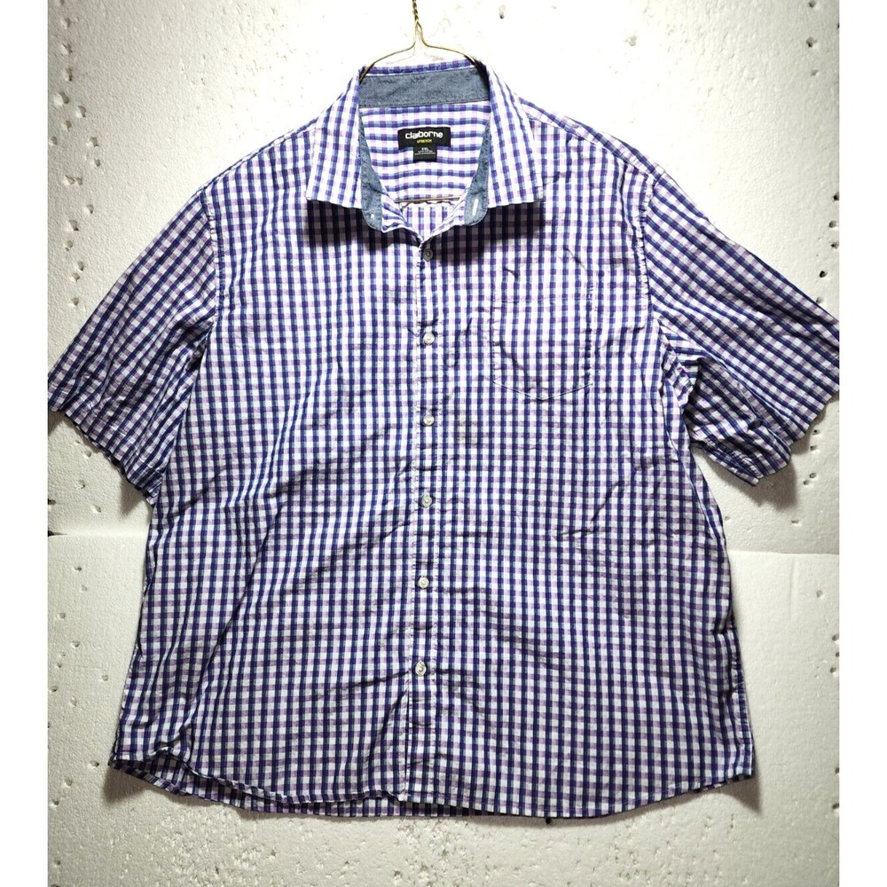 Claiborne Shirt Mens XXL Short Sleeve Purple Plaid Button Up Casual Collared